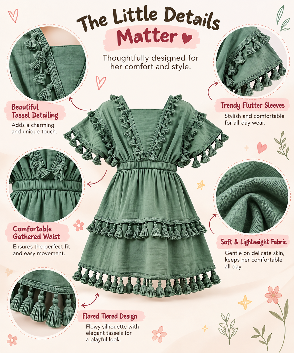Arbudda Apparels Girls’ Sage Green Tassel Tiered Dress