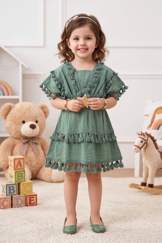 Arbudda Apparels Girls’ Sage Green Tassel Tiered Dress