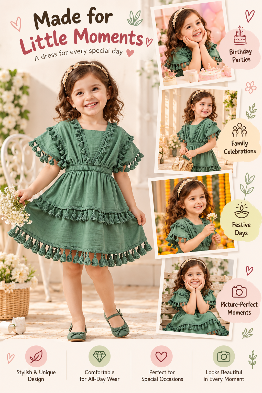 Arbudda Apparels Girls’ Sage Green Tassel Tiered Dress