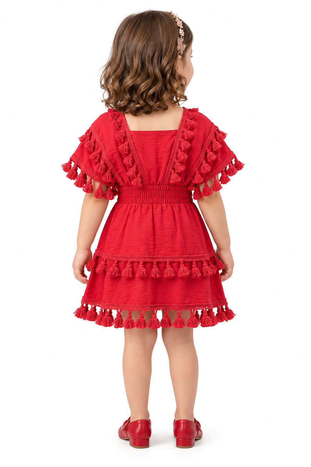 Arbudda Apparels Ruby Red Tassel Tiered Dress for Girls