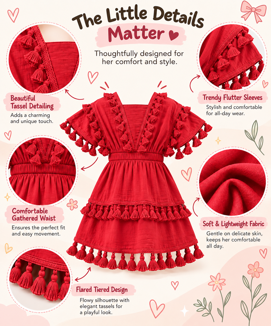 Arbudda Apparels Ruby Red Tassel Tiered Dress for Girls