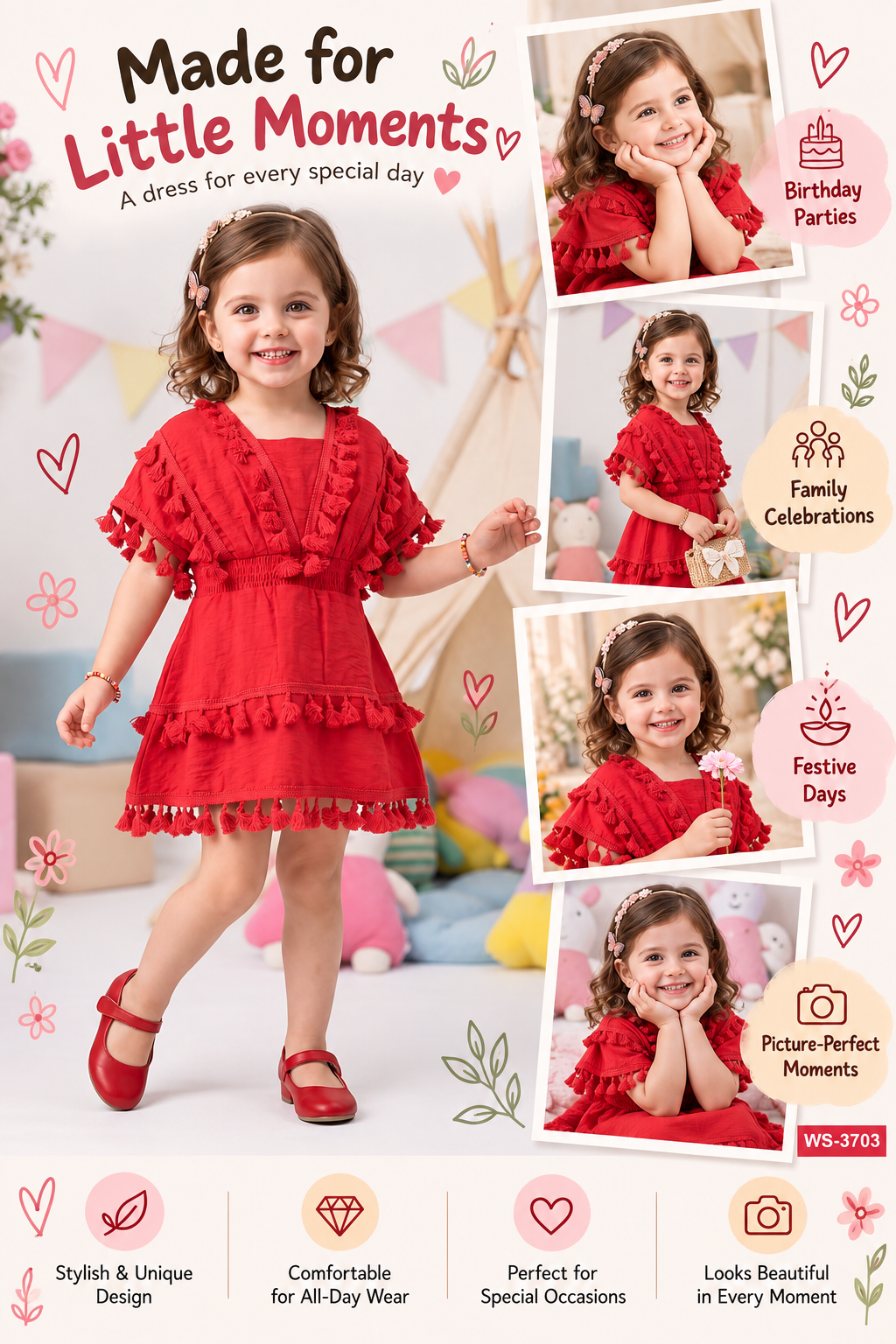Arbudda Apparels Ruby Red Tassel Tiered Dress for Girls