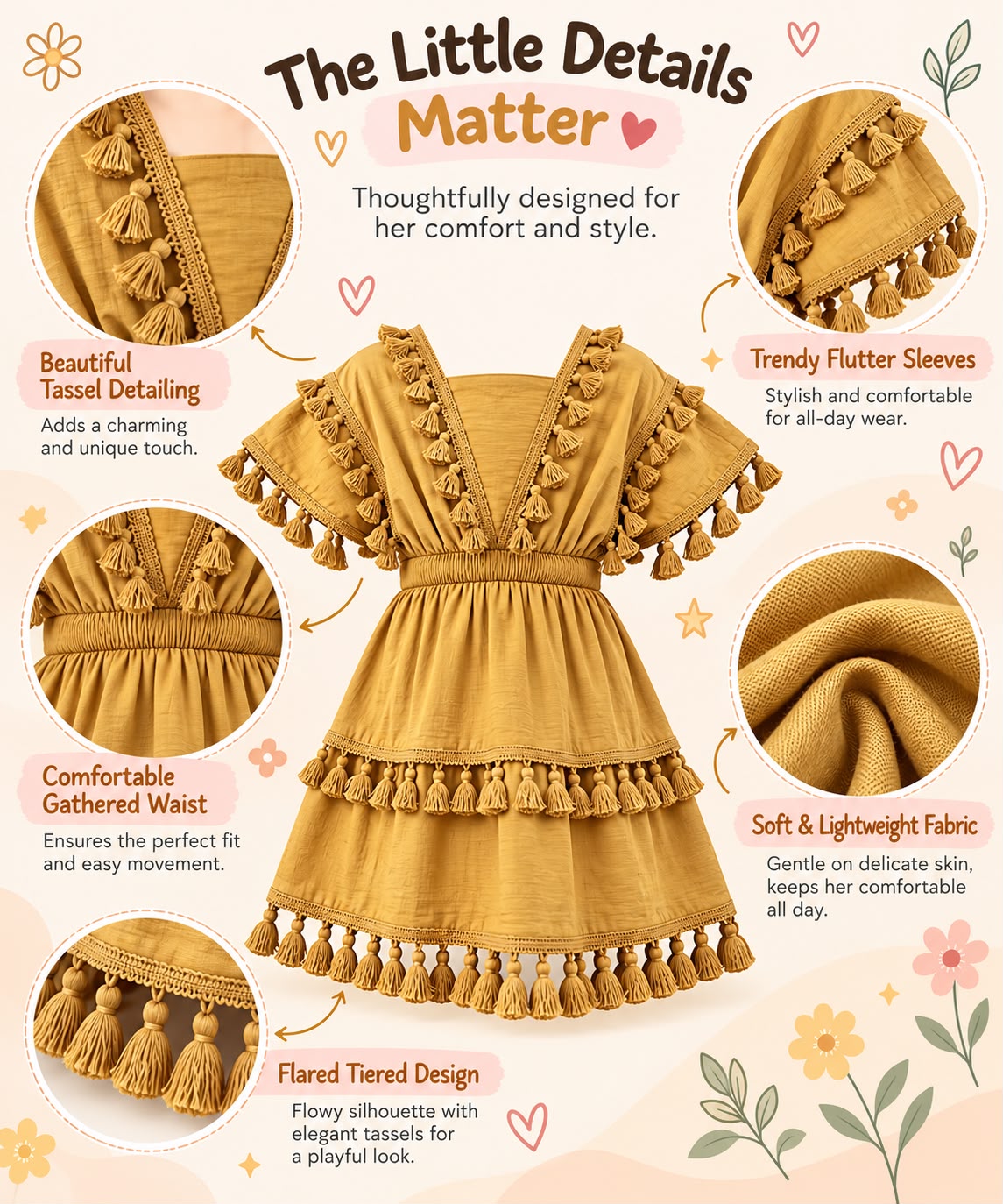 Arbudda Apparels Mustard Yellow Tassel Tiered Dress for Girls