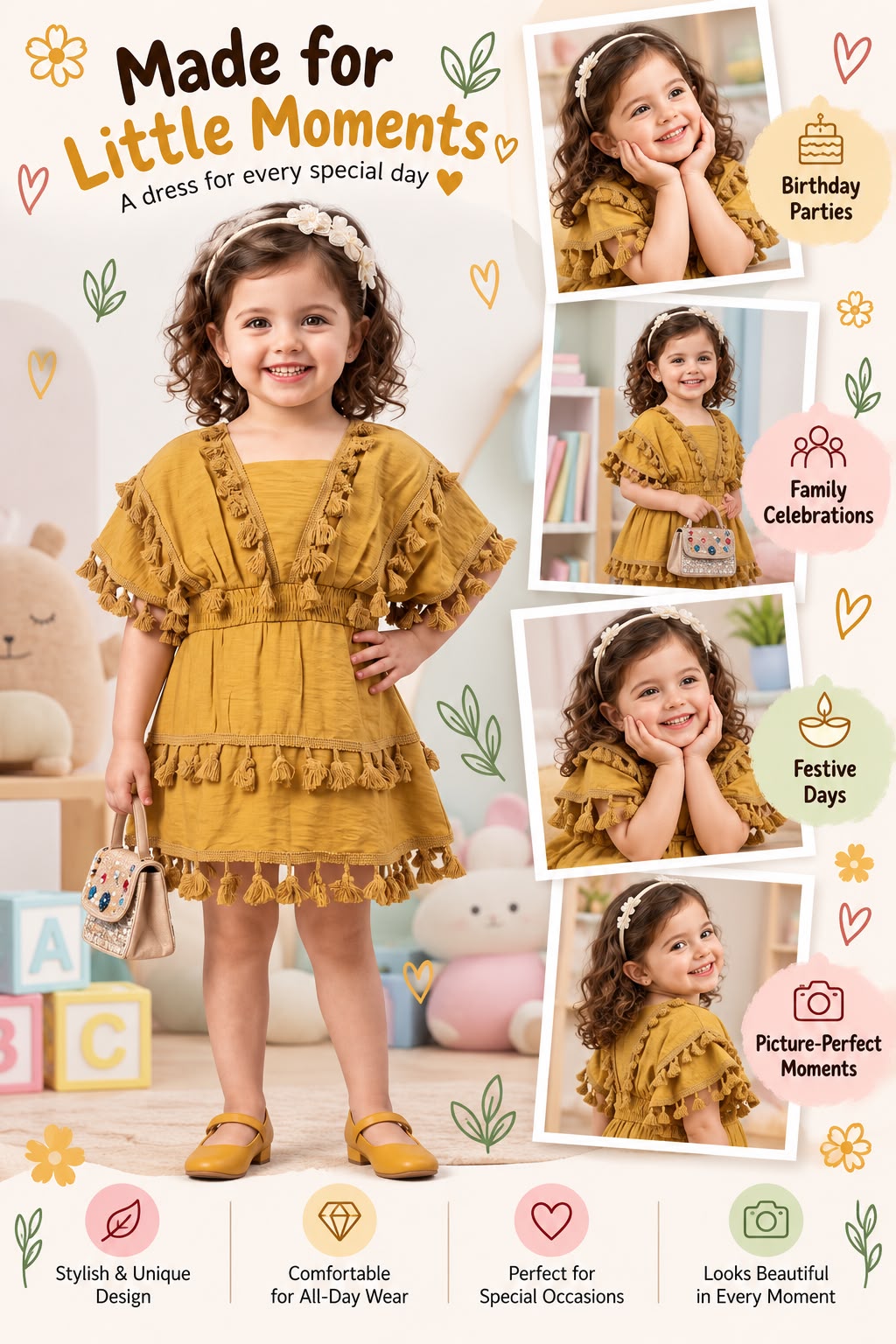 Arbudda Apparels Mustard Yellow Tassel Tiered Dress for Girls