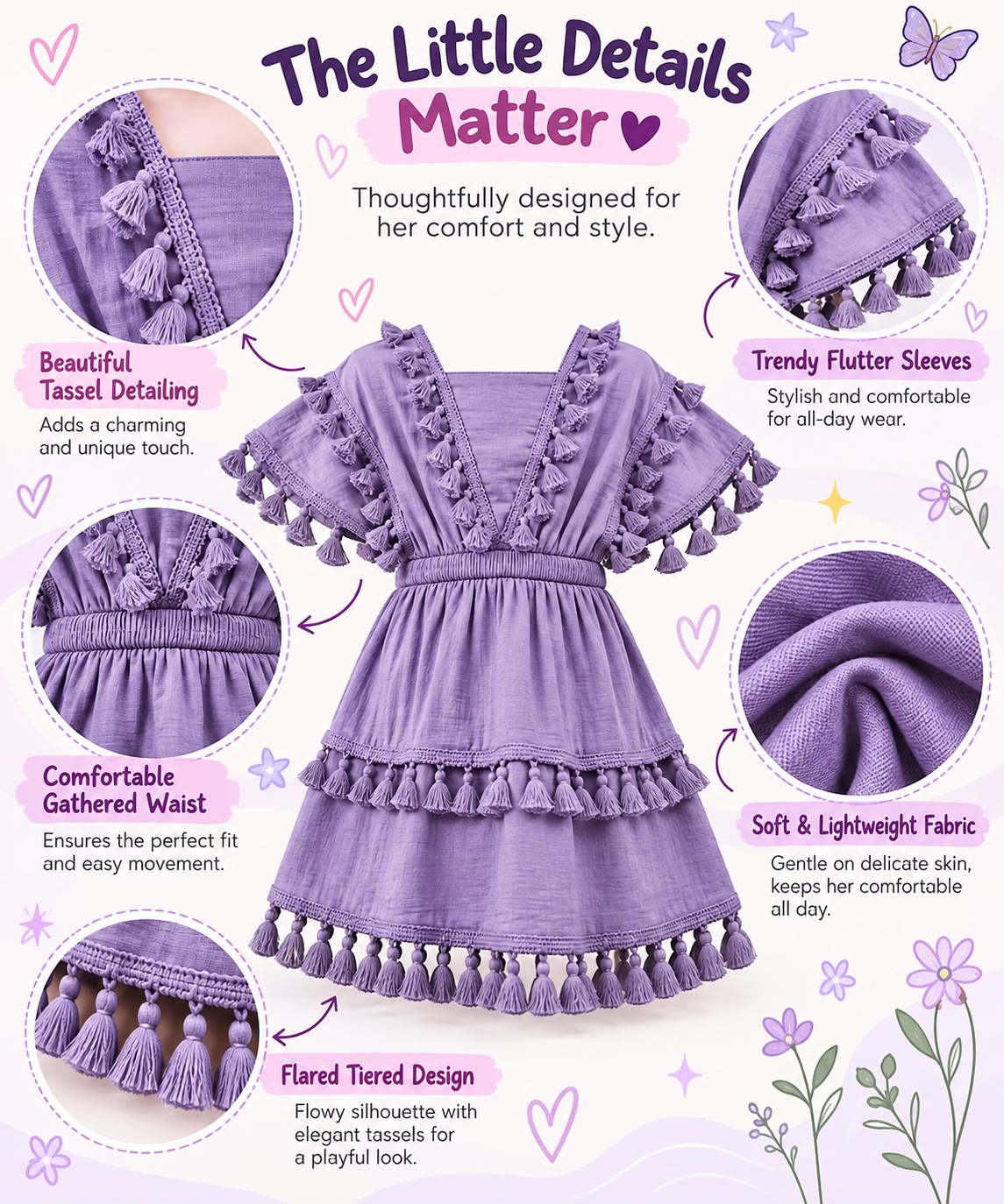 Arbudda Apparel Lavender Purple Tassel Tiered Dress for Girls