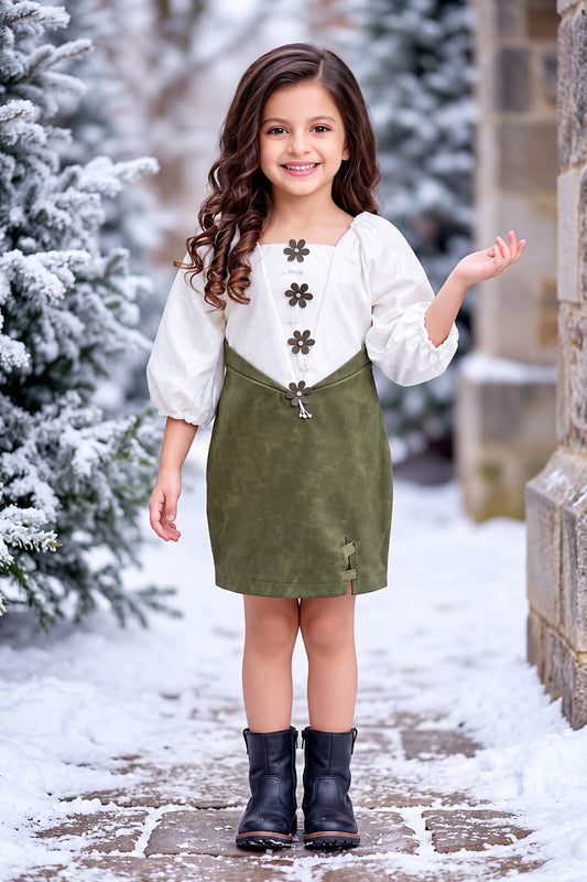 Arbudda Apparels Olive Green Floral Pinafore Dress