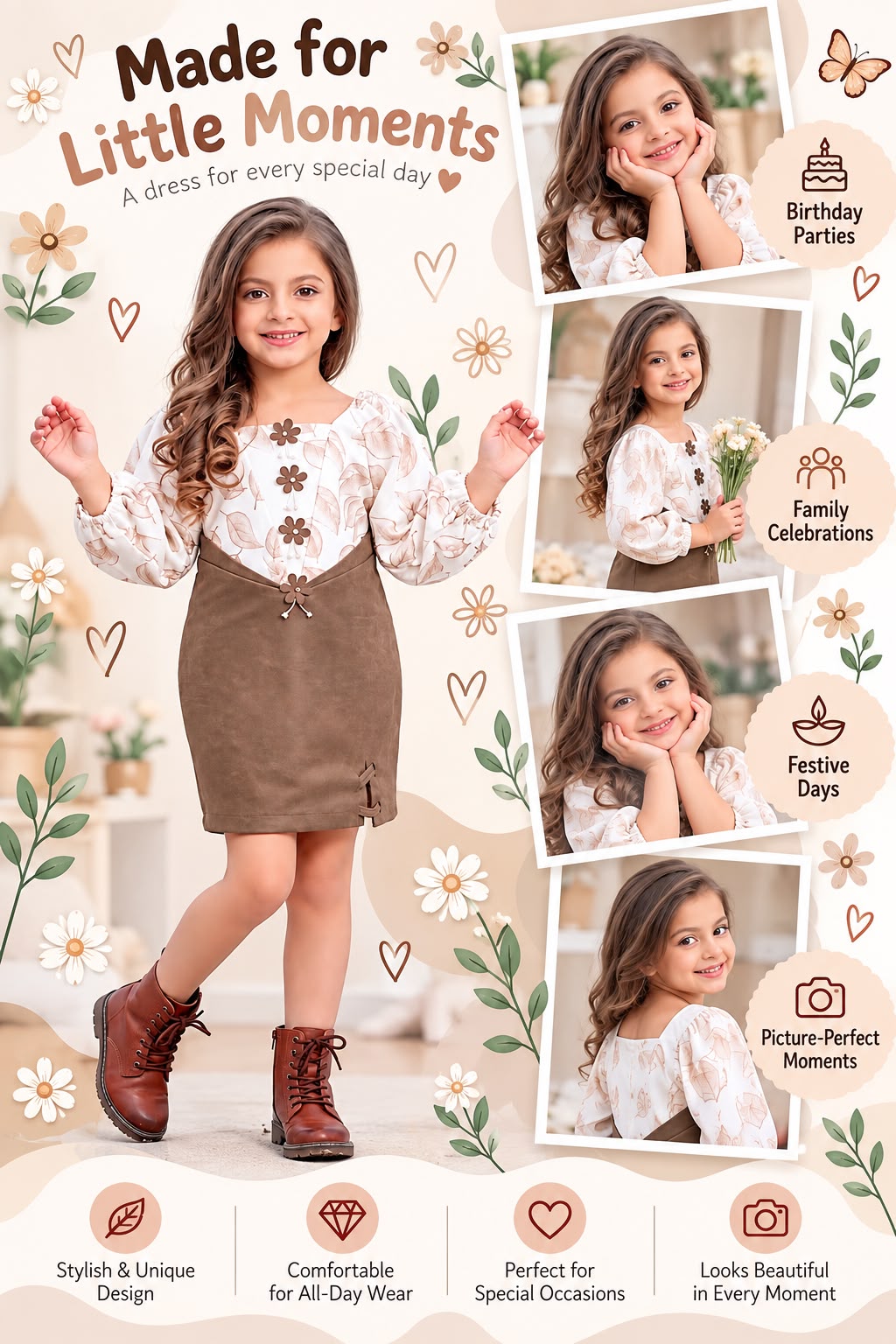 Arbudda Apparels Mocha Brown Floral Pinafore Dress