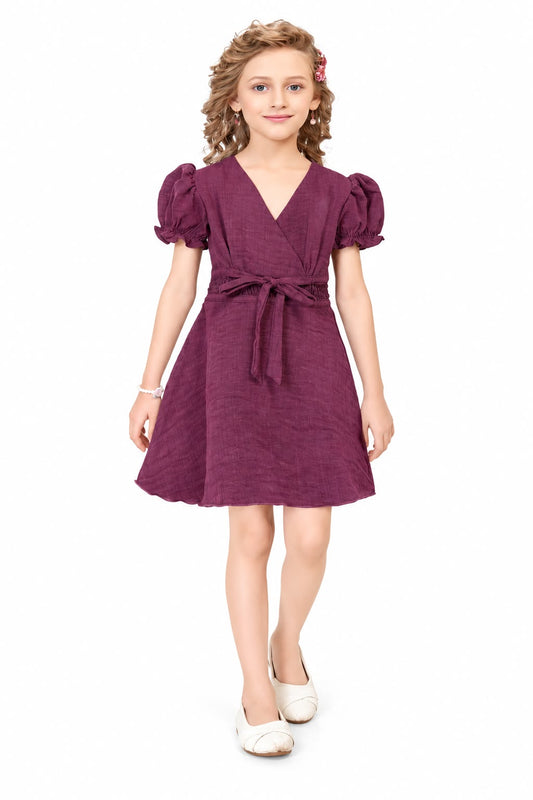 Arbudda Apparels Wine Purple Puff Sleeve Wrap Dress