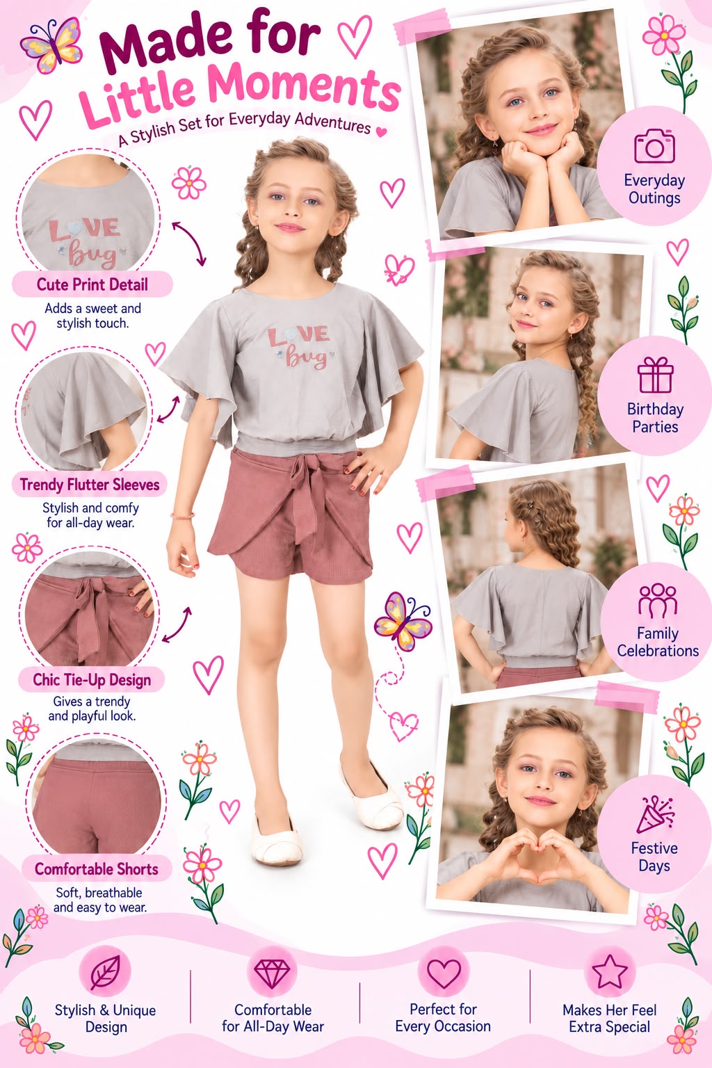 Arbudda Apparels Grey Love Bug Top & Pink Shorts Set