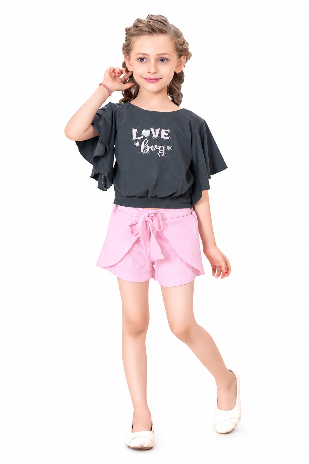 Arbudda Apparels Charcoal Grey Love Bug top & Pink Shorts Set