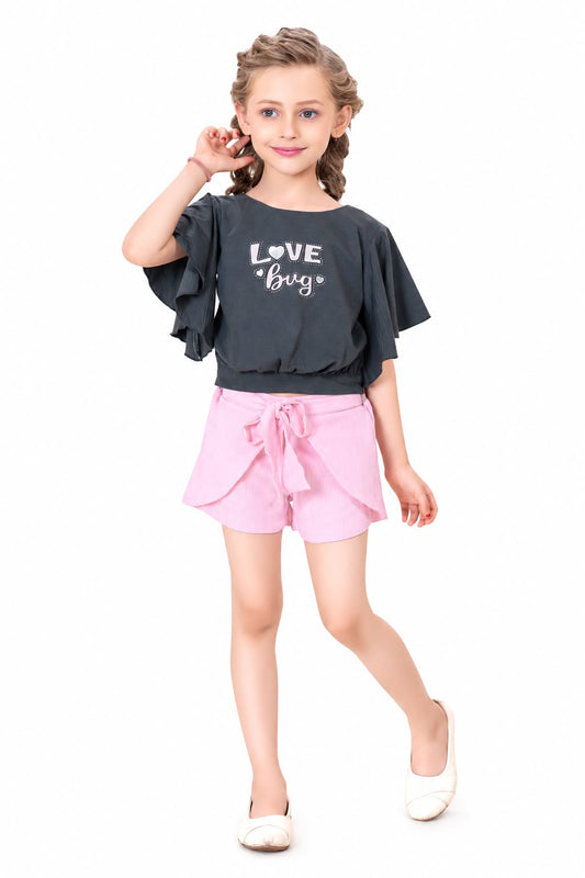 Arbudda Apparels Charcoal Grey Love Bug top & Pink Shorts Set