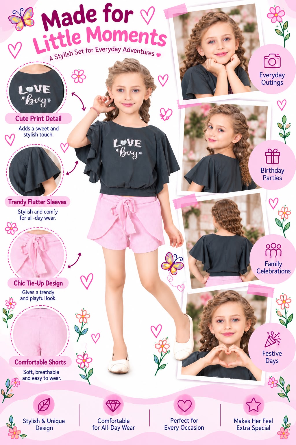 Arbudda Apparels Charcoal Grey Love Bug top & Pink Shorts Set