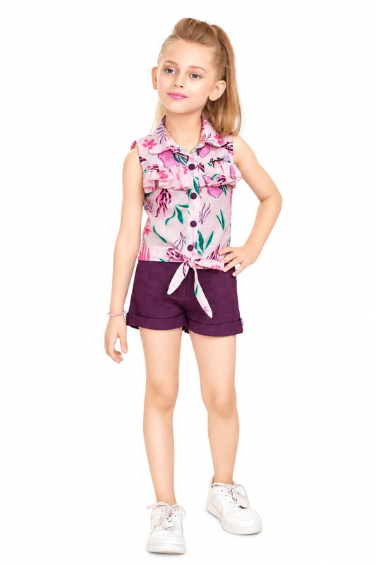 Arbudda Apparels Pink Floral Ruffle Top & Purple Shorts Set