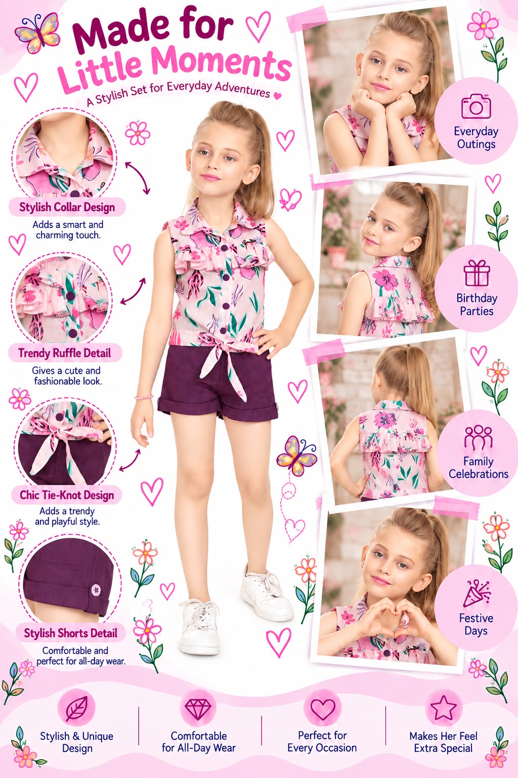 Arbudda Apparels Pink Floral Ruffle Top & Purple Shorts Set
