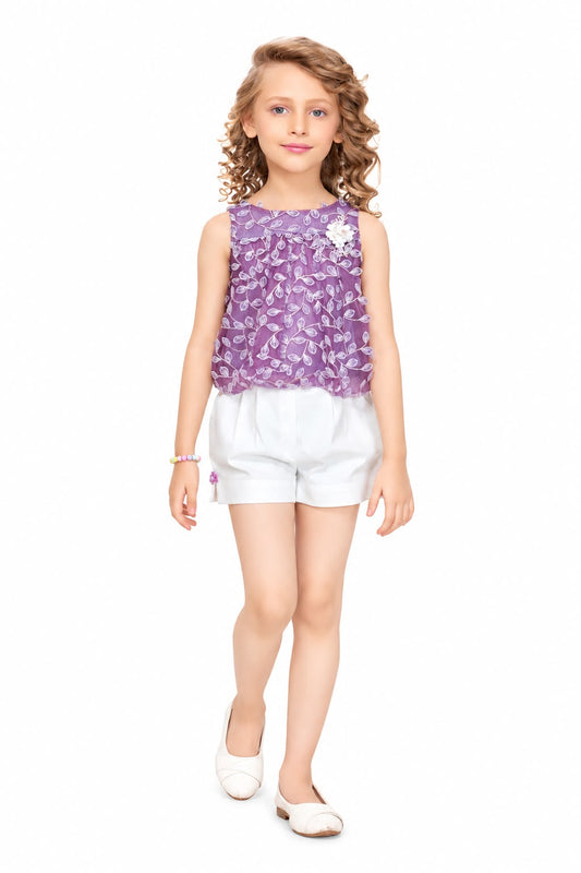 Arbudda Apparels Lavender Leaf Print Top & White Shorts Set