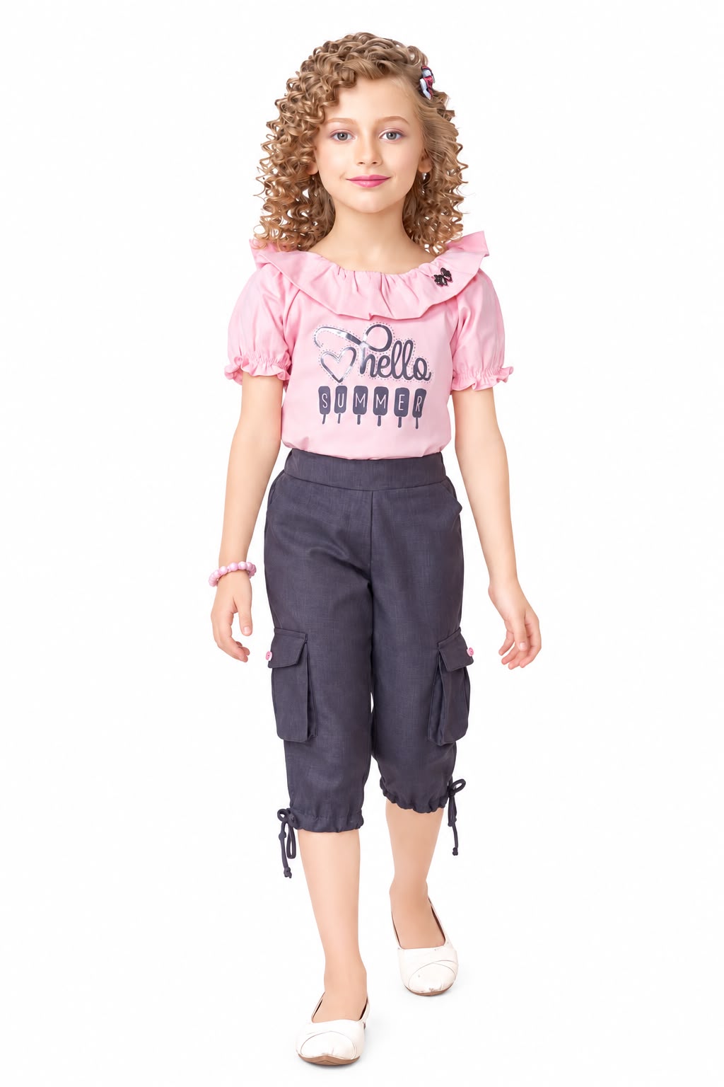 Arbudda Apparels Pink Hello Summer Top & Grey Cargo Pants Set