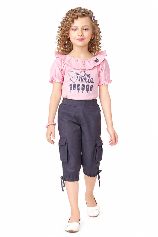 Arbudda Apparels Pink Hello Summer Top & Grey Cargo Pants Set