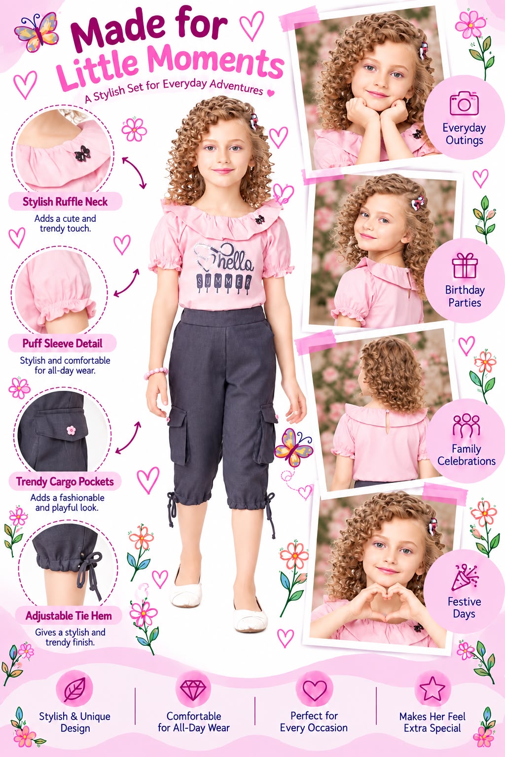 Arbudda Apparels Pink Hello Summer Top & Grey Cargo Pants Set