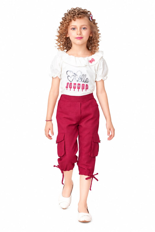Arbudda Apparels White Hello Summer Top & Pink Cargo Pants Set