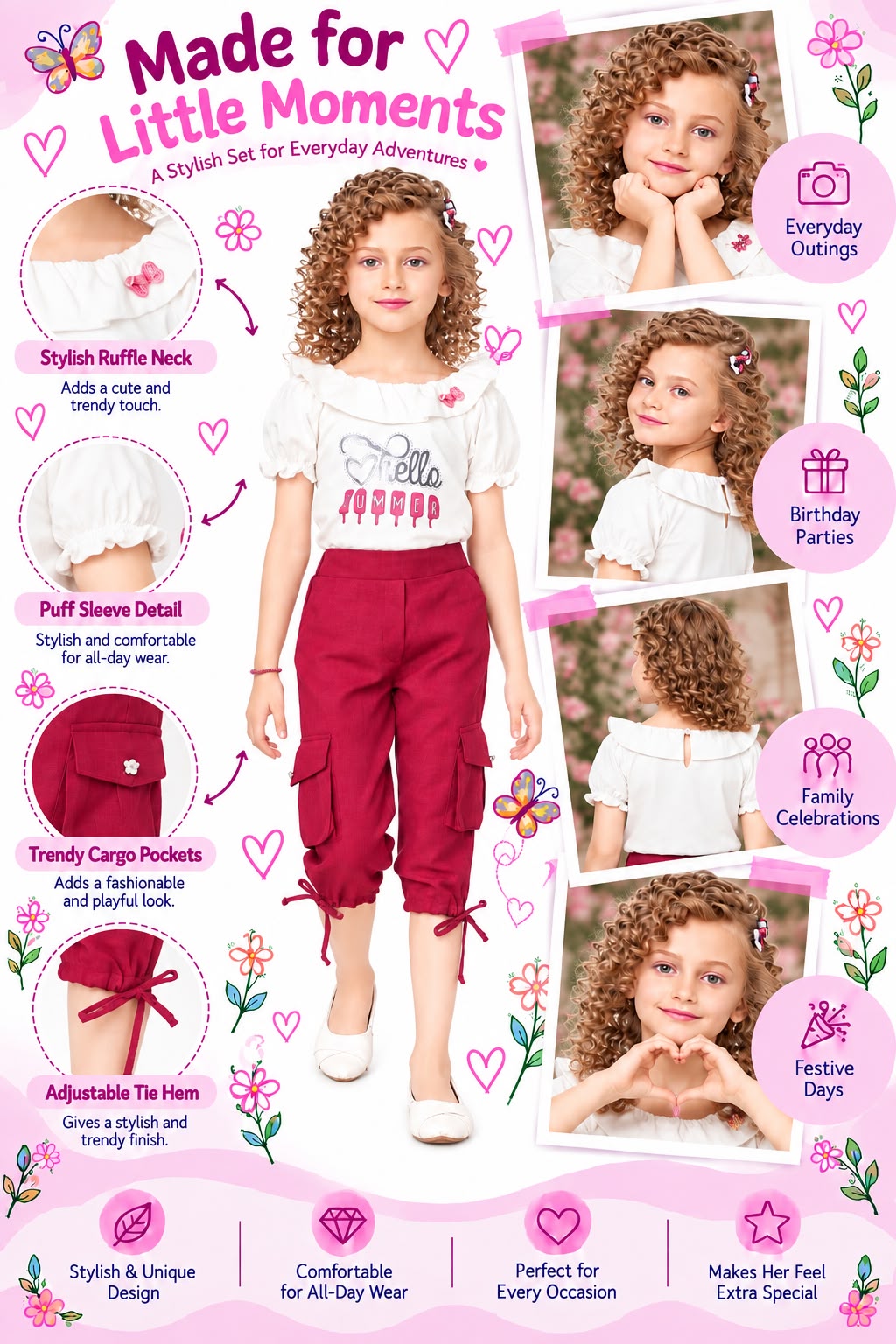 Arbudda Apparels White Hello Summer Top & Pink Cargo Pants Set