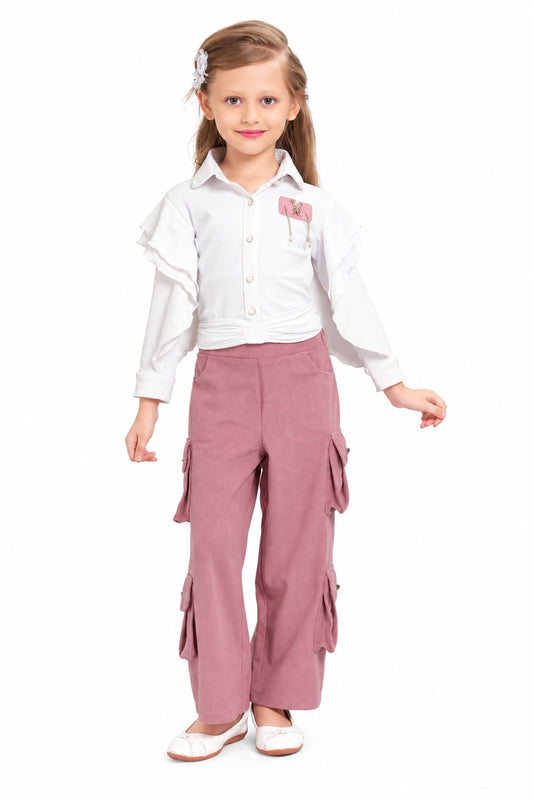 Arbudda Apparels White Ruffle Shirt & Dusty Pink Cargo Pants Set