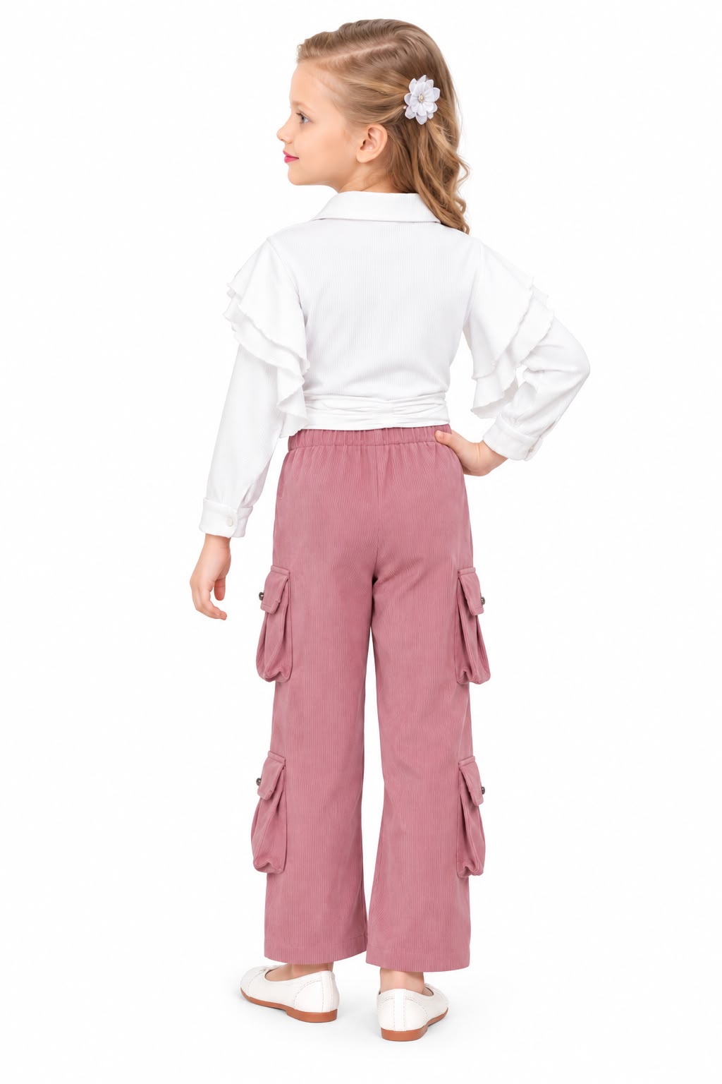 Arbudda Apparels White Ruffle Shirt & Dusty Pink Cargo Pants Set