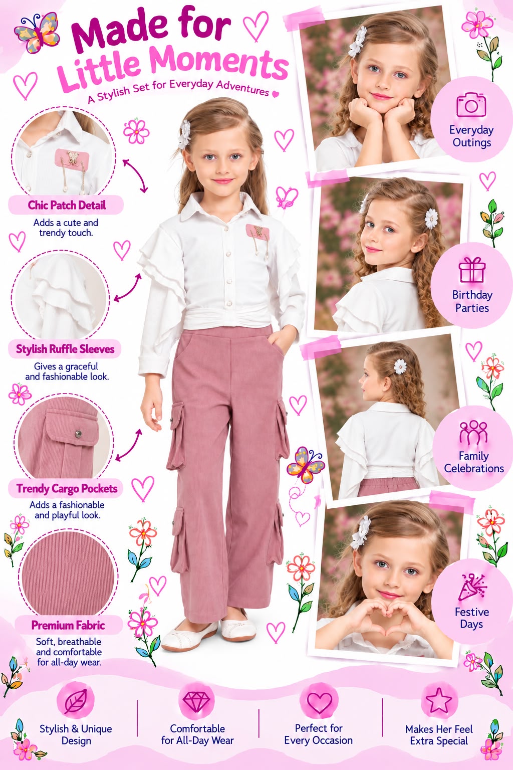 Arbudda Apparels White Ruffle Shirt & Dusty Pink Cargo Pants Set
