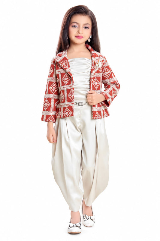 Arbudda Apparels Rust Printed Jacket & Ivory Satin Co-Ord Set