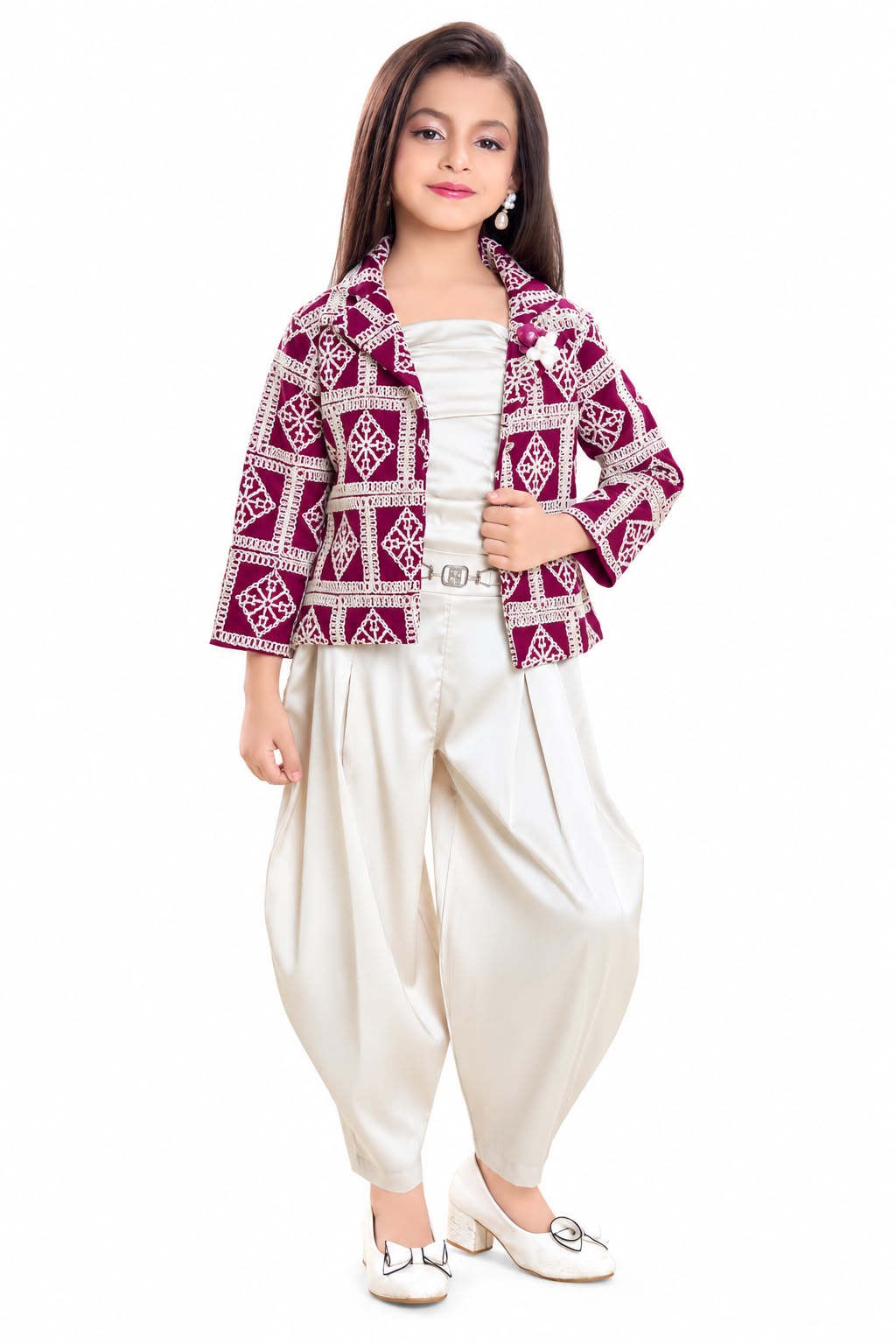 Arbudda Apparels Wine Printed Jacket & Ivory Satin Co-Ord Set