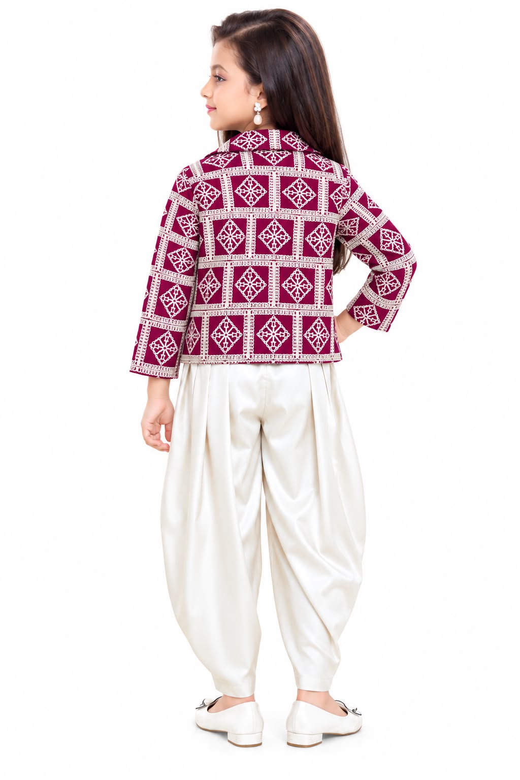 Arbudda Apparels Wine Printed Jacket & Ivory Satin Co-Ord Set