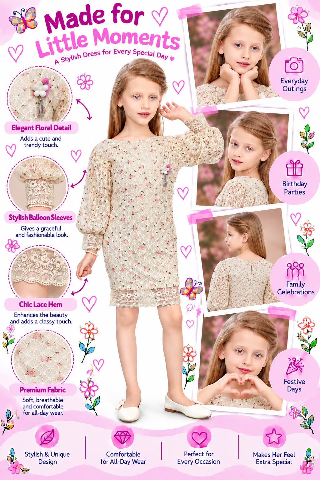 Arbudda Apparels Cream Floral Lace Detail Dress