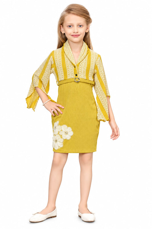 Arbudda Apparels Mustard Yellow Lace Detail Belted Dress