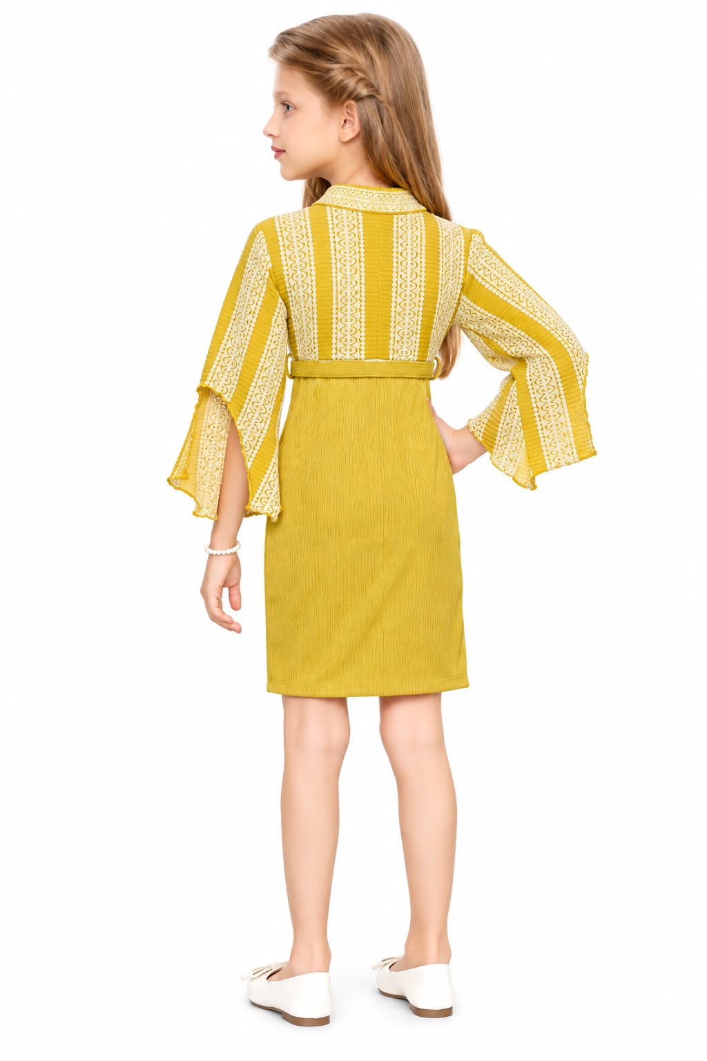 Arbudda Apparels Mustard Yellow Lace Detail Belted Dress