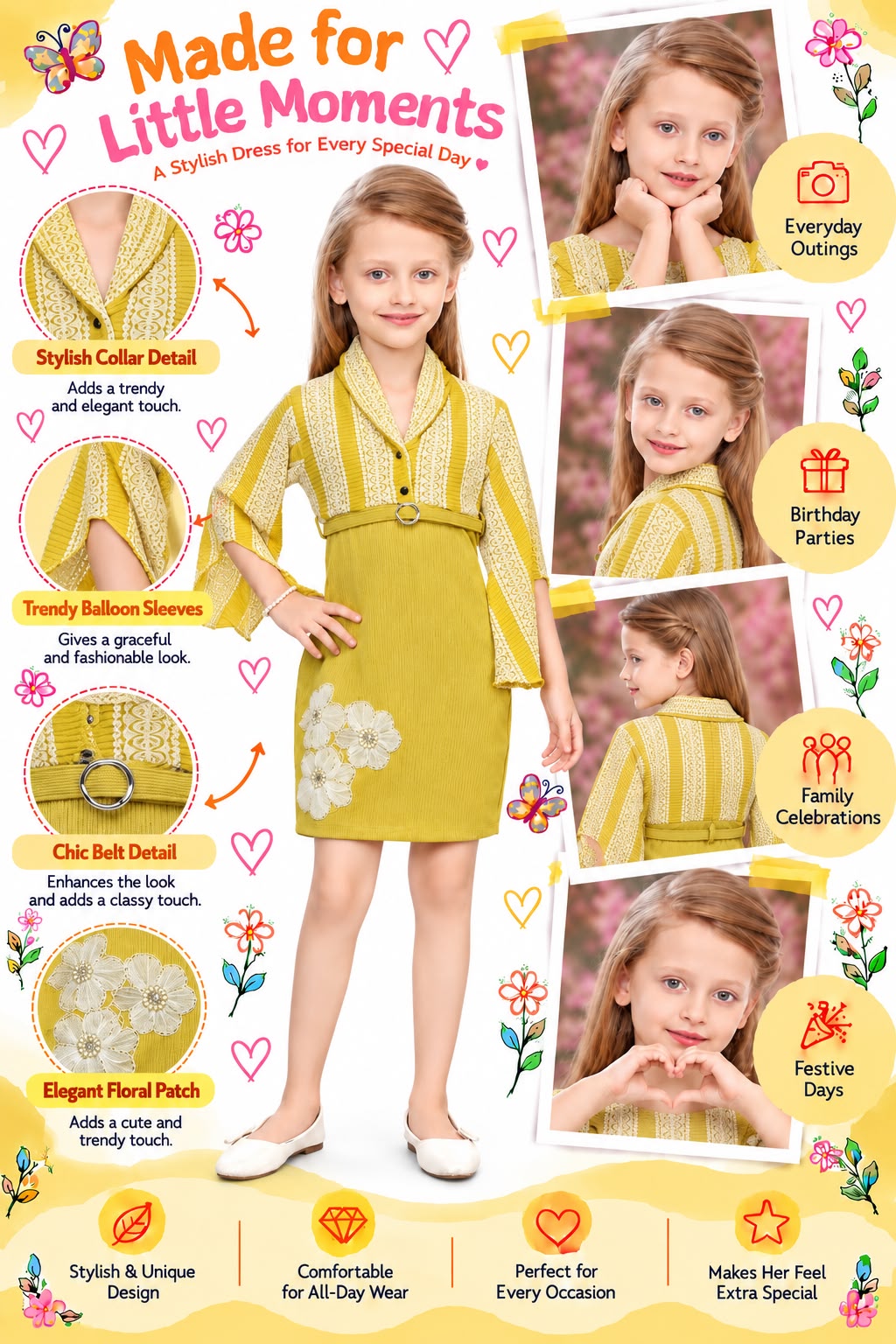 Arbudda Apparels Mustard Yellow Lace Detail Belted Dress