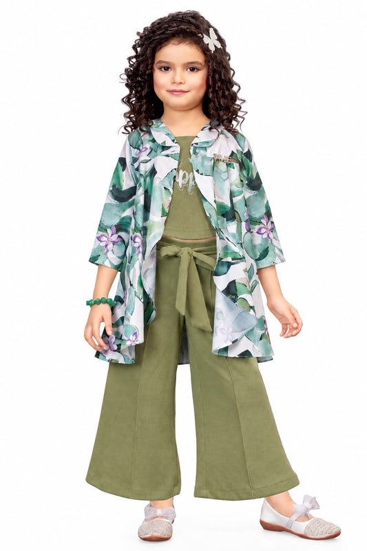 Arbudda Apparels Olive Green Floral Shrug & Flared Pants Set