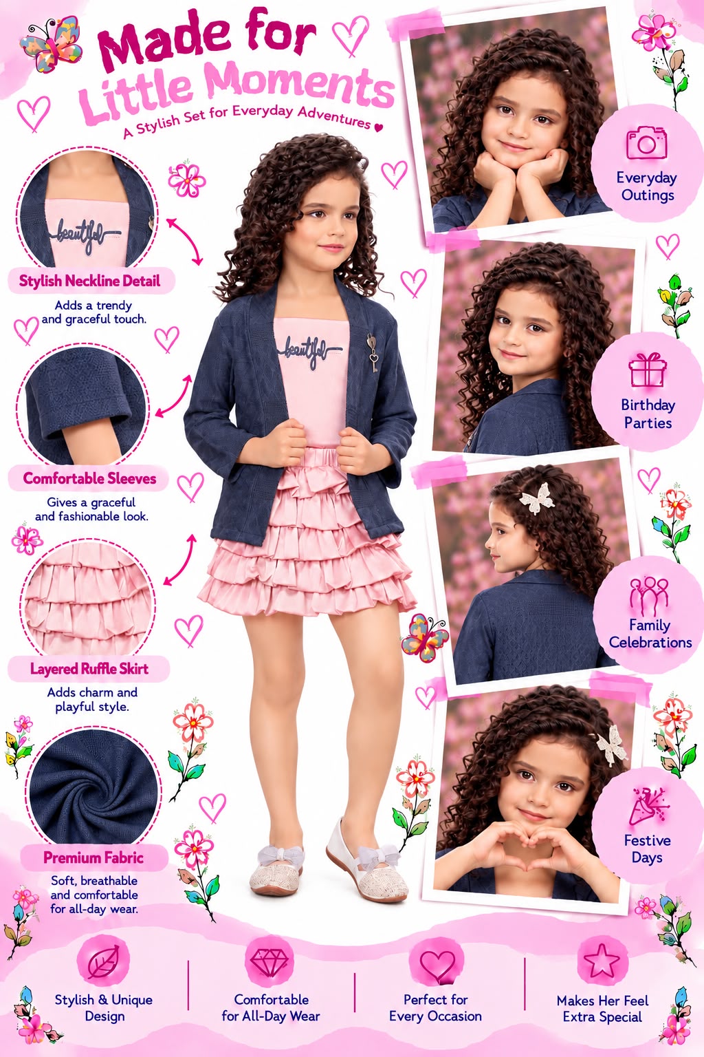 Arbudda Apparels Pink Ruffle Skirt & Navy Blazer Set