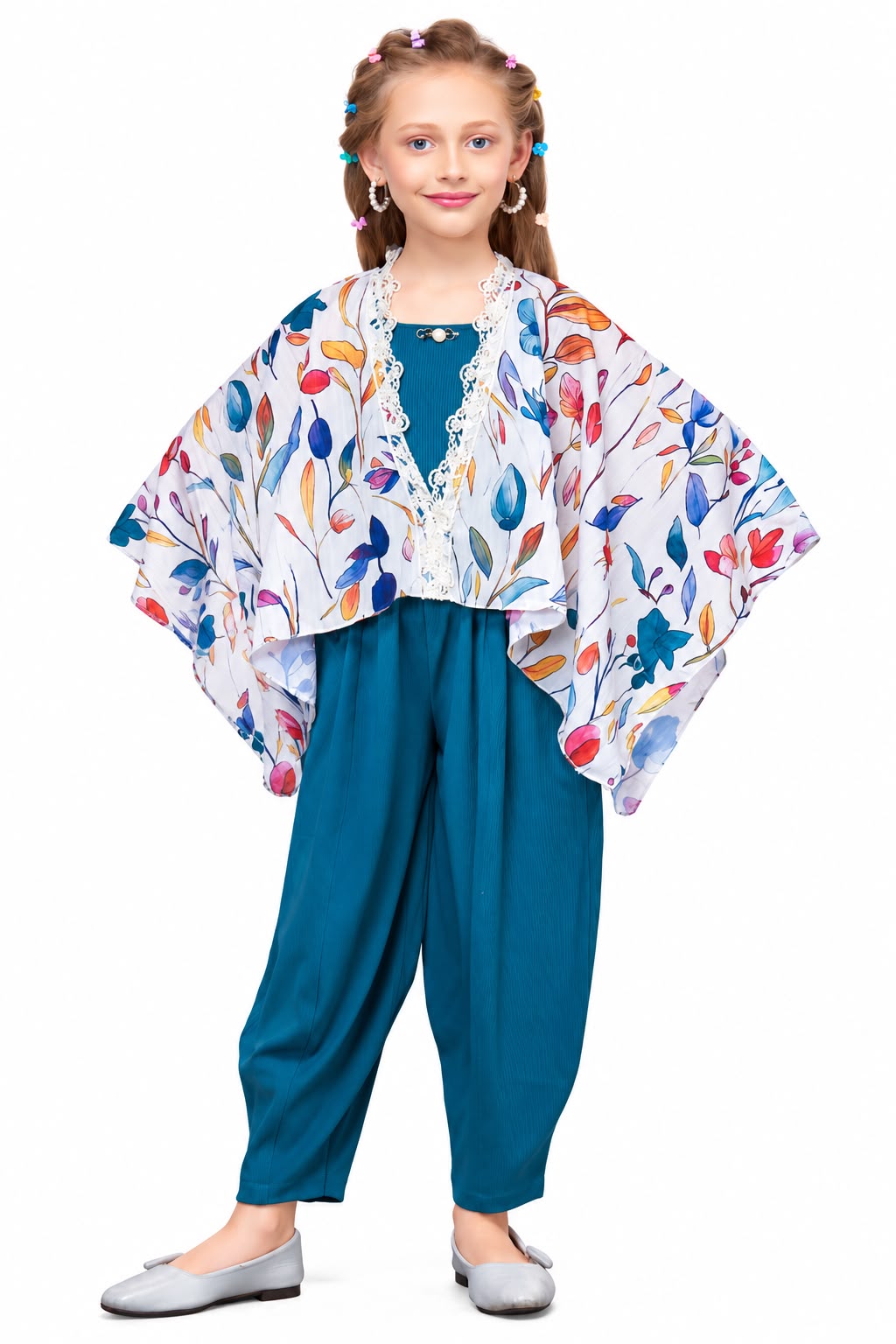 Arbudda Apparels Teal Blue Floral Shrug & Jumpsuit Set