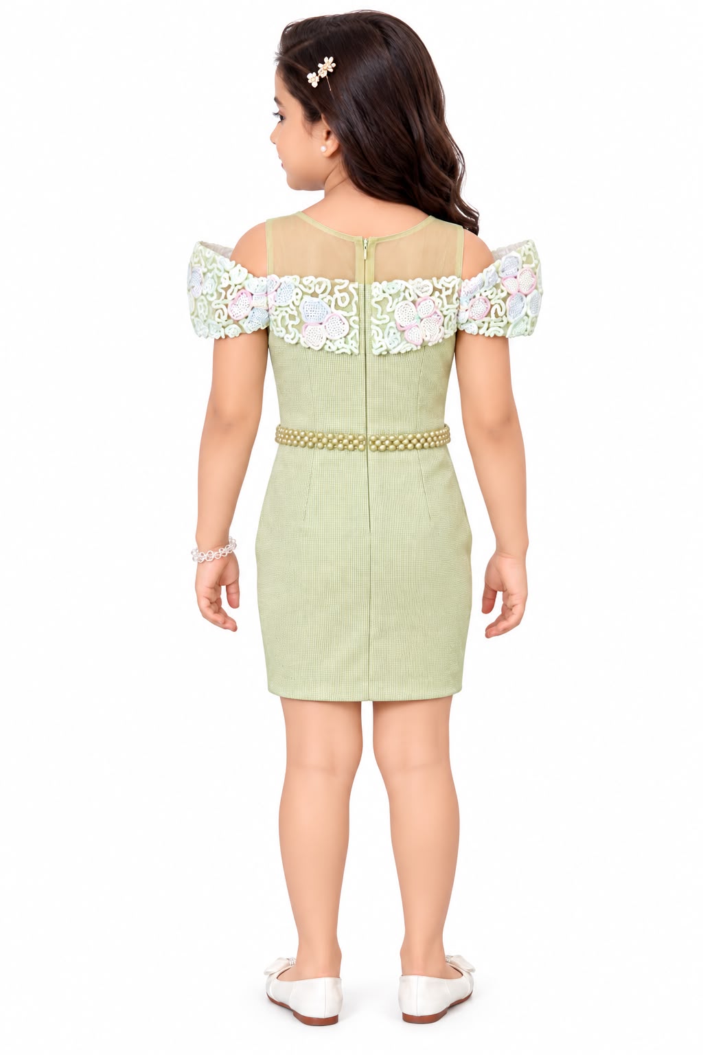 Arbudda Apparels Pastel Green Floral Lace Off-Shoulder Dress