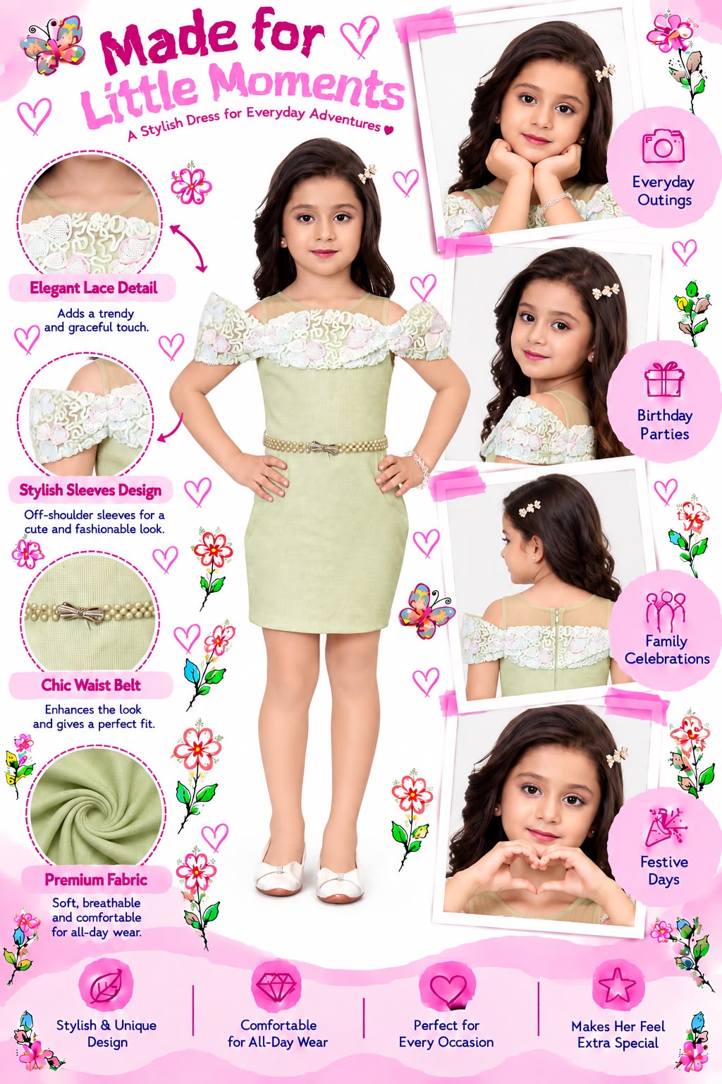 Arbudda Apparels Pastel Green Floral Lace Off-Shoulder Dress