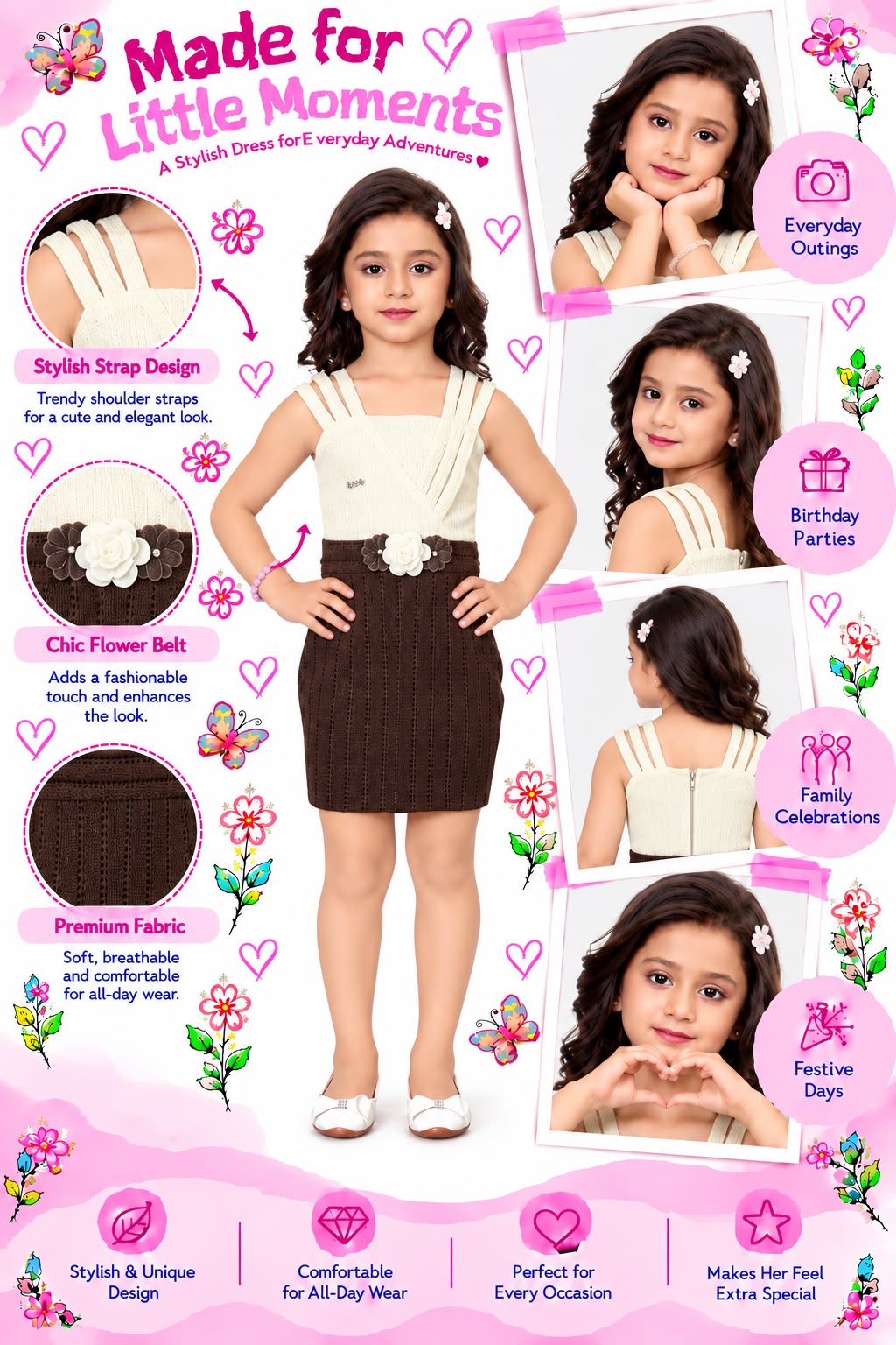 Arbudda Apparels Cream & Chocolate Brown Floral Belt Dress
