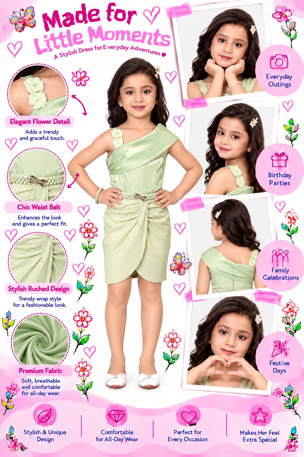 Arbudda Apparels Pastel Green One-Shoulder Ruched Dress