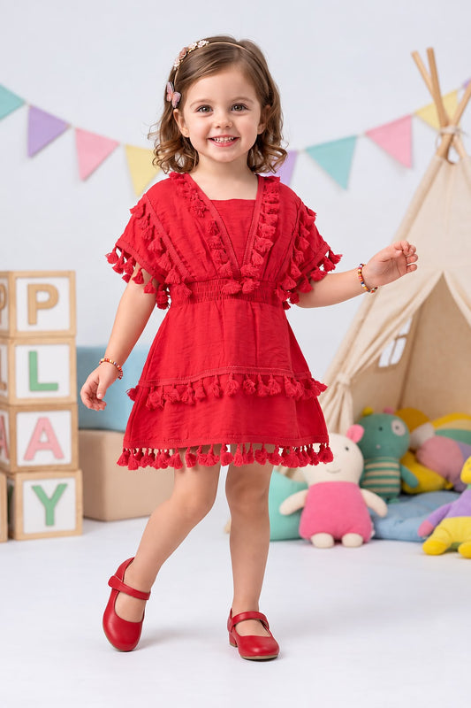 Arbudda Apparels Ruby Red Tassel Tiered Dress for Girls