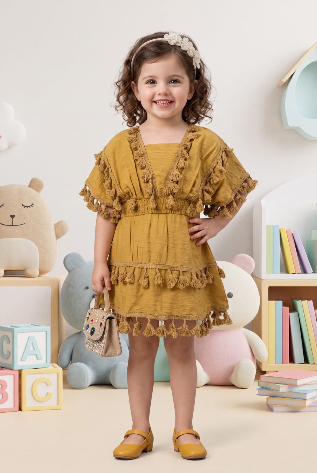 Arbudda Apparels Mustard Yellow Tassel Tiered Dress for Girls