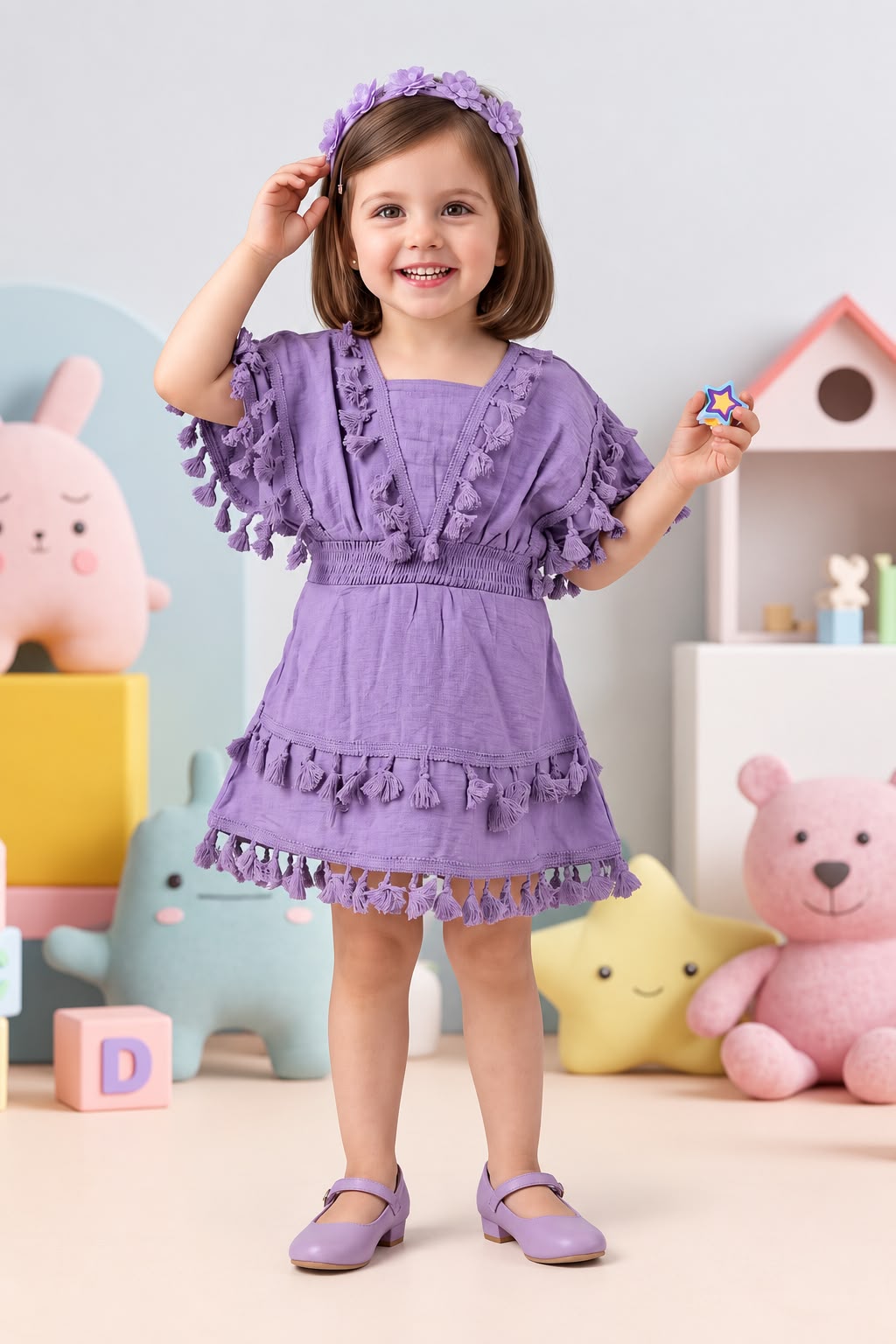 Arbudda Apparel Lavender Purple Tassel Tiered Dress for Girls